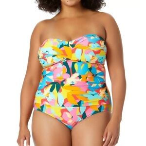 Anne Cole Plumeria Twist front Plus size one piece swimsuit strapless 24 W fairy